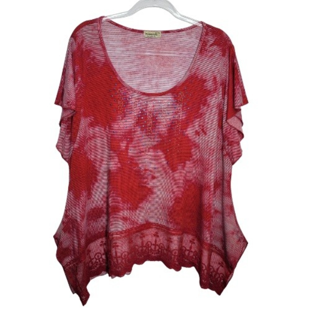 One World Red Tie Dye Rhinestone Lace Hem Tunic Top Womens 3X Short Sleeve Boho